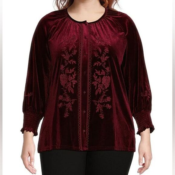 Calessa Button Up Down Shirt Womens Size 3X Red Floral Embroidered Velvet Boho - Picture 1 of 8